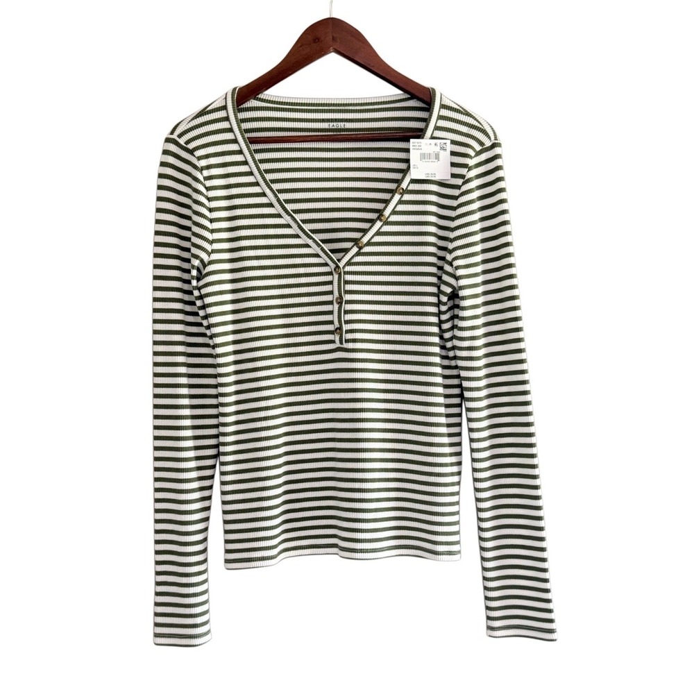 American Eagle Waffle Ribbed Long Sleeve Henley Knit Top Olive Green Stripe Lg